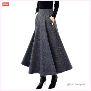 High Waisted Wool Plaid A-Line Long Skirt Winter Maxi